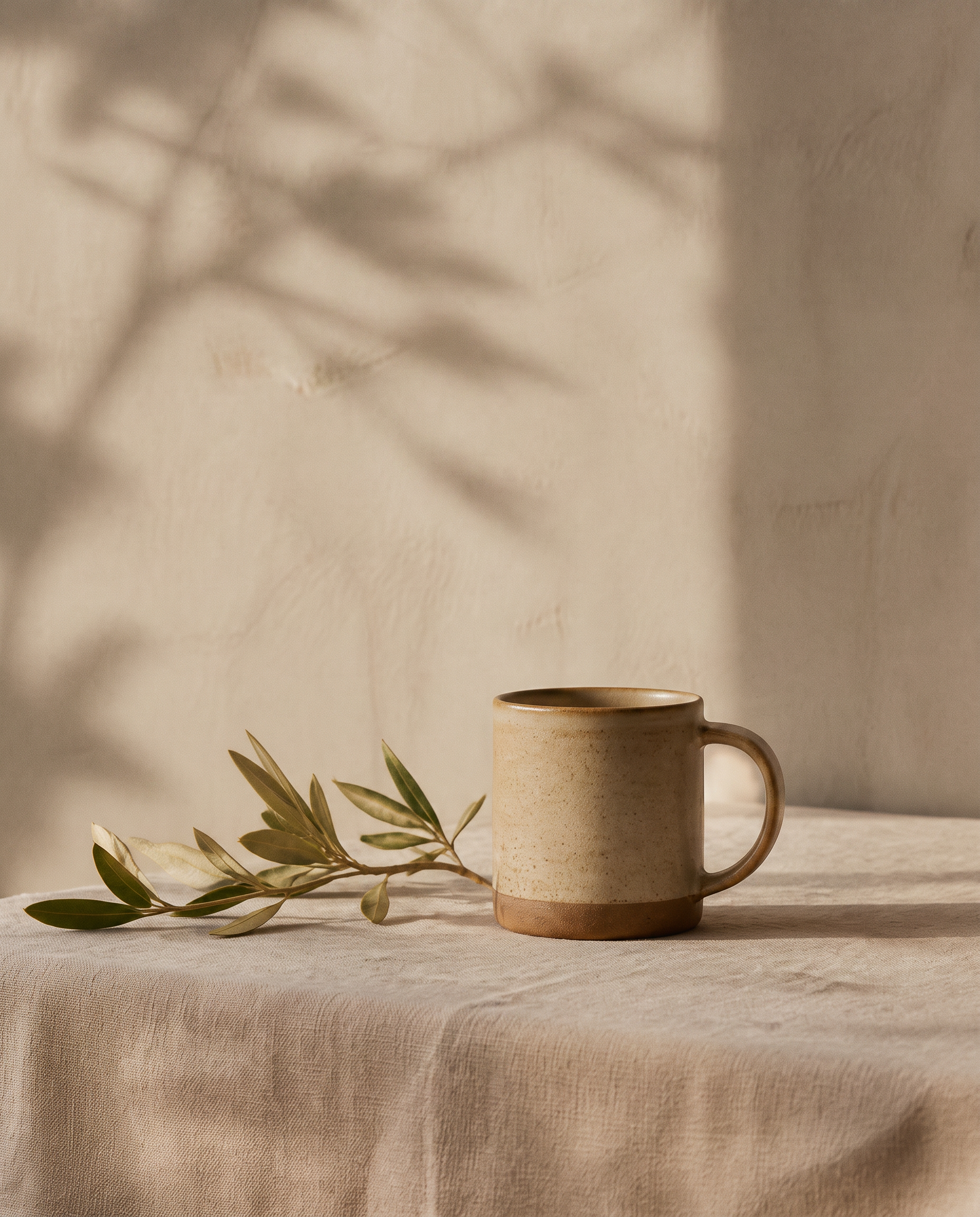 A ceramic mug and olive branch resting in morning light